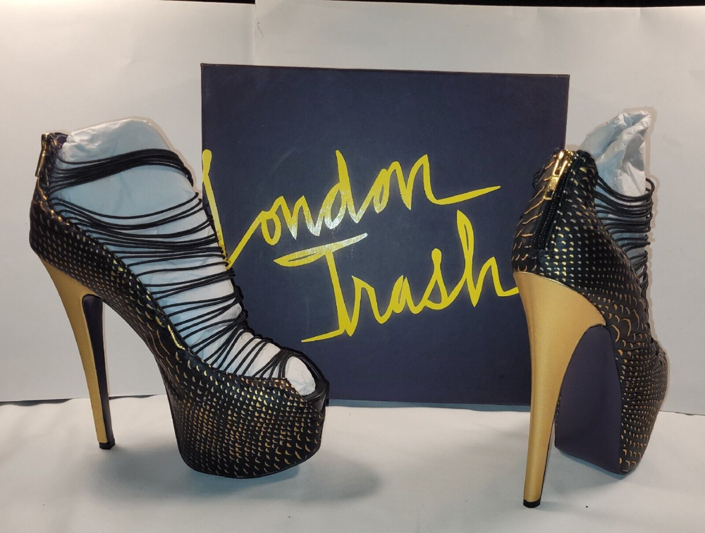 Ladies LONDON TRASH Leather Black & Gold Stiletto High Heel 8.5 M LT-CRUSH BLKMU
